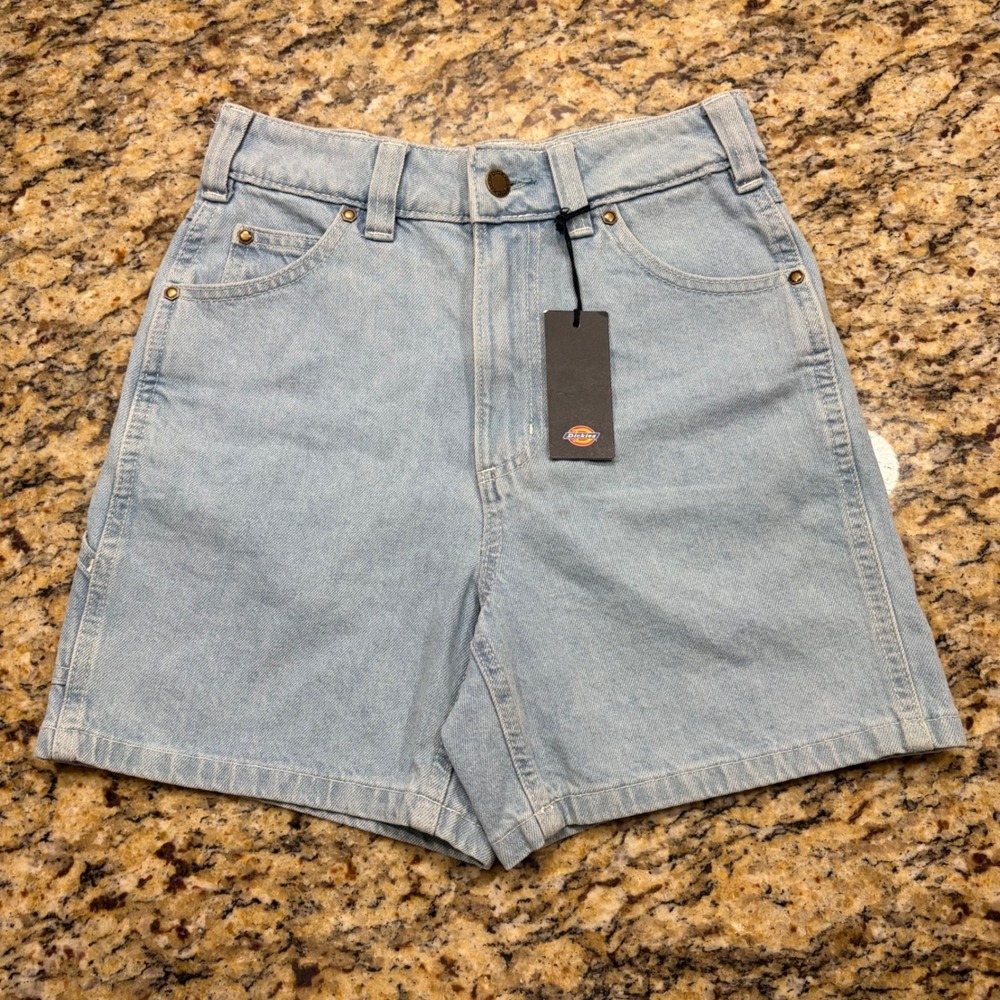 NEW Dickies Womens High Waisted Denim Carpenter Shorts Light Wash Blue W25 ws